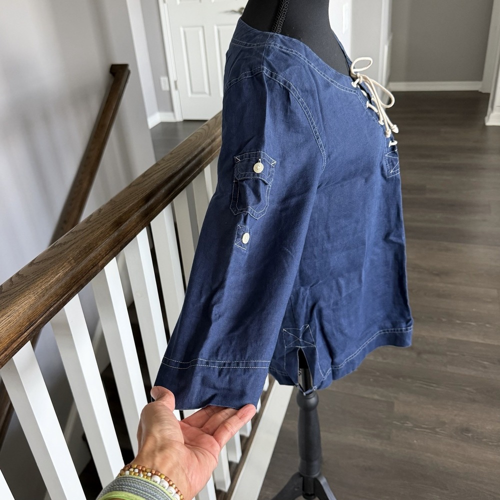 Ralph Lauren Jean Company 100% Linen Drawstring Roll Sleeve Tab Top MP Coastal - Picture 4 of 9